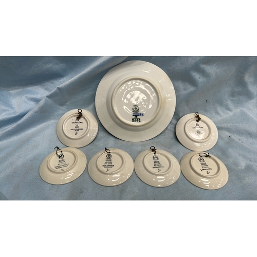 212 - Set of 7 Royal Copenhagen blue-and-white plates, comprising a 'Blue Flower Braided' soup plate (shap... 