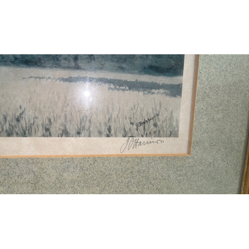 297 - Signed limited edition colour print depicting a covey of grouse in flight above stubble fields, edit... 