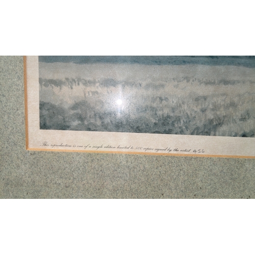 297 - Signed limited edition colour print depicting a covey of grouse in flight above stubble fields, edit... 