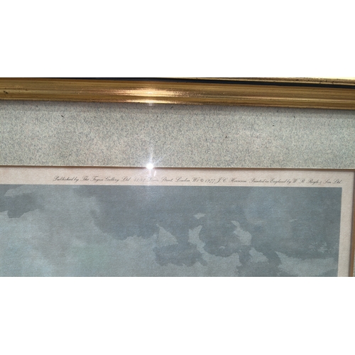 297 - Signed limited edition colour print depicting a covey of grouse in flight above stubble fields, edit... 