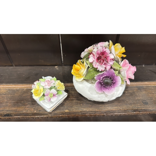 347 - Pair of bone china floral posy arrangements comprising a Radnor round footed bowl and a small square... 