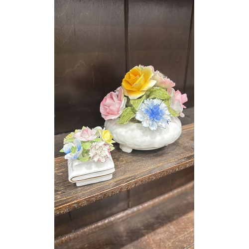 347 - Pair of bone china floral posy arrangements comprising a Radnor round footed bowl and a small square... 