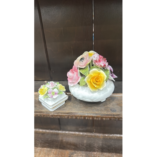 347 - Pair of bone china floral posy arrangements comprising a Radnor round footed bowl and a small square... 