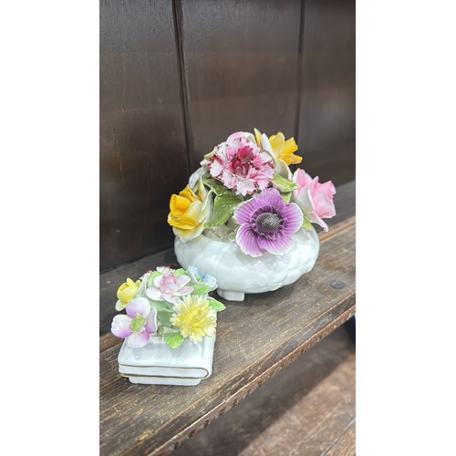 347 - Pair of bone china floral posy arrangements comprising a Radnor round footed bowl and a small square... 