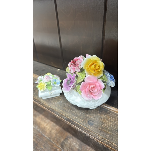 347 - Pair of bone china floral posy arrangements comprising a Radnor round footed bowl and a small square... 