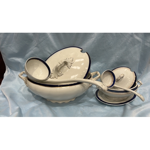 361 - Set of 2 white ironstone tureens with lids, matching ladles and underplate, cobalt-blue and gilt ban... 