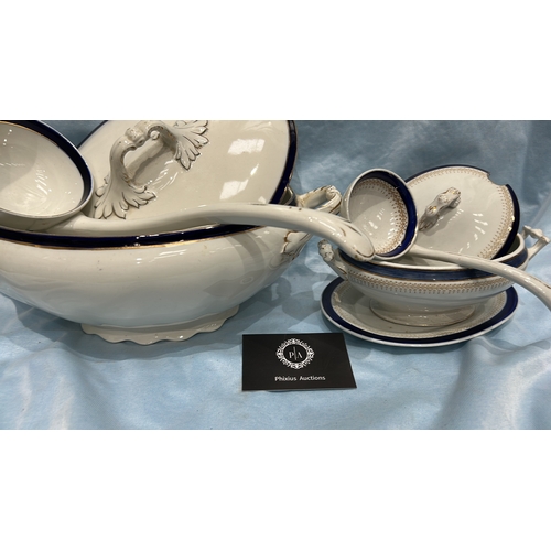 361 - Set of 2 white ironstone tureens with lids, matching ladles and underplate, cobalt-blue and gilt ban... 