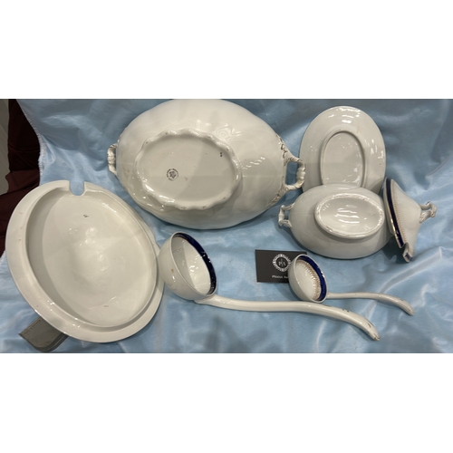 361 - Set of 2 white ironstone tureens with lids, matching ladles and underplate, cobalt-blue and gilt ban... 