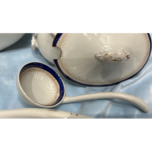 361 - Set of 2 white ironstone tureens with lids, matching ladles and underplate, cobalt-blue and gilt ban... 