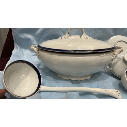 361 - Set of 2 white ironstone tureens with lids, matching ladles and underplate, cobalt-blue and gilt ban... 