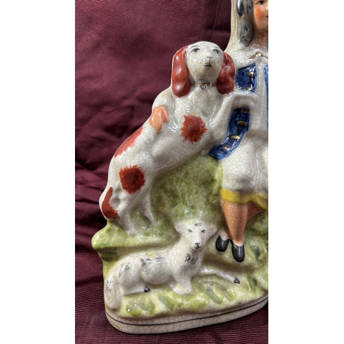 373 - Pair of Victorian Staffordshire pottery figures comprising a flat-back group of a maiden with harp a... 