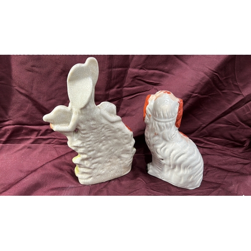 373 - Pair of Victorian Staffordshire pottery figures comprising a flat-back group of a maiden with harp a... 