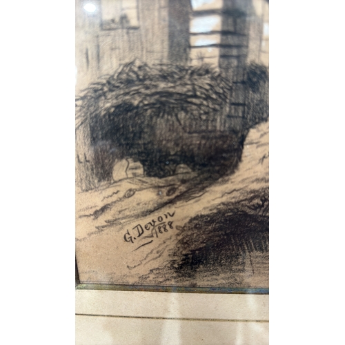 438 - Pair of Russian birch-bark marquetry panels depicting rustic interiors: a girl washing berries besid... 