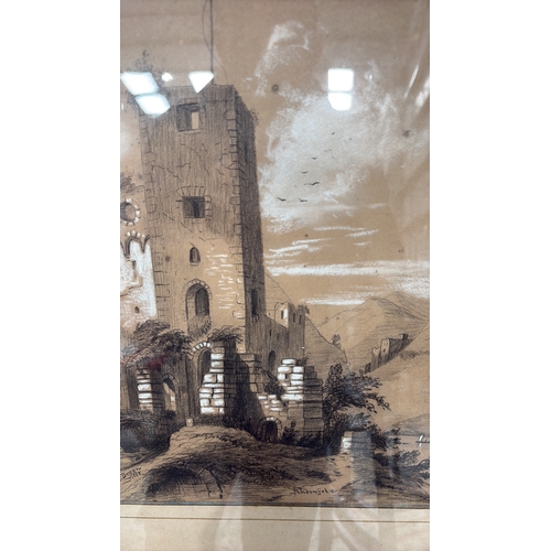 438 - Pair of Russian birch-bark marquetry panels depicting rustic interiors: a girl washing berries besid... 