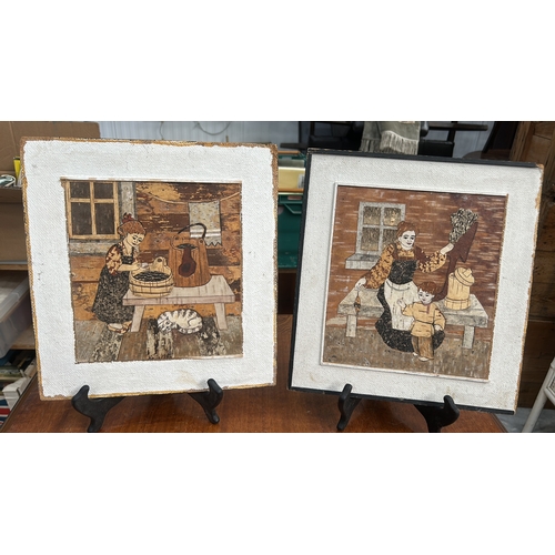 438 - Pair of Russian birch-bark marquetry panels depicting rustic interiors: a girl washing berries besid... 
