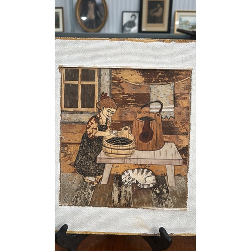 438 - Pair of Russian birch-bark marquetry panels depicting rustic interiors: a girl washing berries besid... 