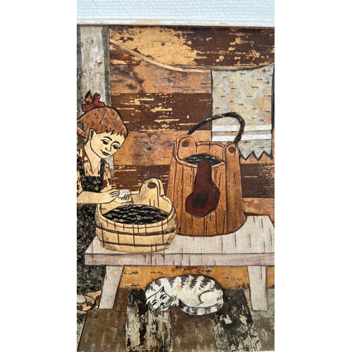 438 - Pair of Russian birch-bark marquetry panels depicting rustic interiors: a girl washing berries besid... 
