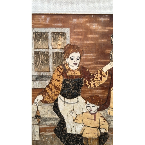 438 - Pair of Russian birch-bark marquetry panels depicting rustic interiors: a girl washing berries besid... 