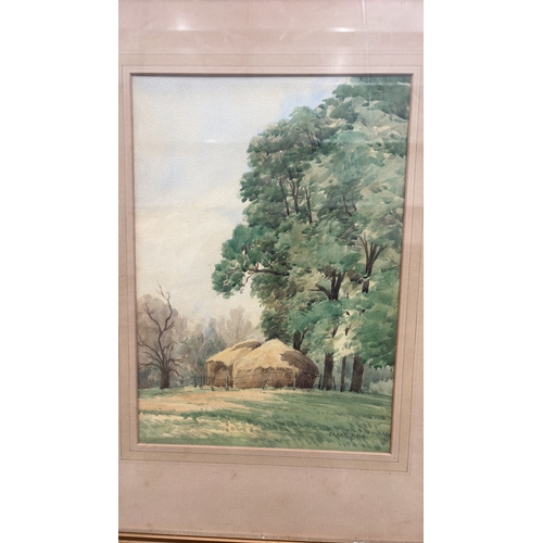 450 - Framed watercolour landscape depicting haystacks beneath mature trees, signed lower right “Frank Hol... 