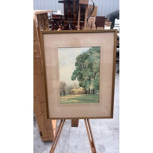 450 - Framed watercolour landscape depicting haystacks beneath mature trees, signed lower right “Frank Hol... 