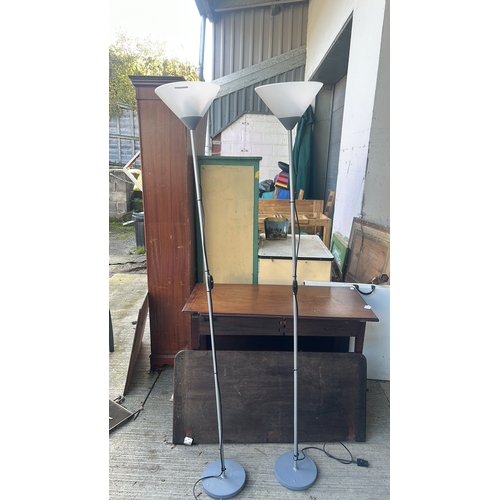 470 - Pair of contemporary grey painted metal torchiere floor lamps with white plastic conical uplighter s... 
