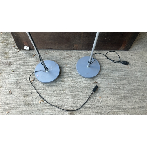 470 - Pair of contemporary grey painted metal torchiere floor lamps with white plastic conical uplighter s... 
