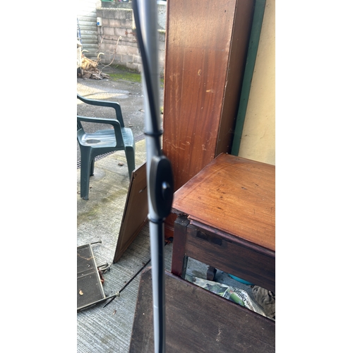 470 - Pair of contemporary grey painted metal torchiere floor lamps with white plastic conical uplighter s... 