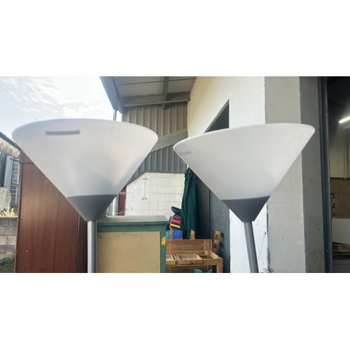 470 - Pair of contemporary grey painted metal torchiere floor lamps with white plastic conical uplighter s... 