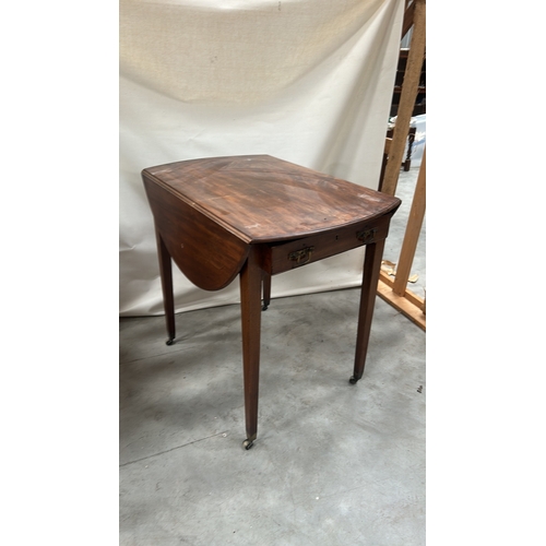 21 - Mahogany Pembroke table, the rectangular top with rounded drop leaves forming an oval, single frieze... 