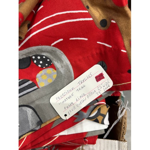 170 - Pair of children’s curtains in Prestigious Textiles “Nature Trail” cotton, red ground printed with w... 