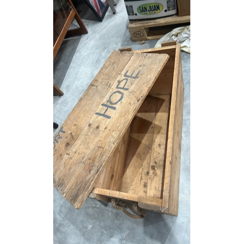 175 - Rectangular pine plank chest with removable top, stencilled “SPORT HOPE” across the lid, rope handle... 