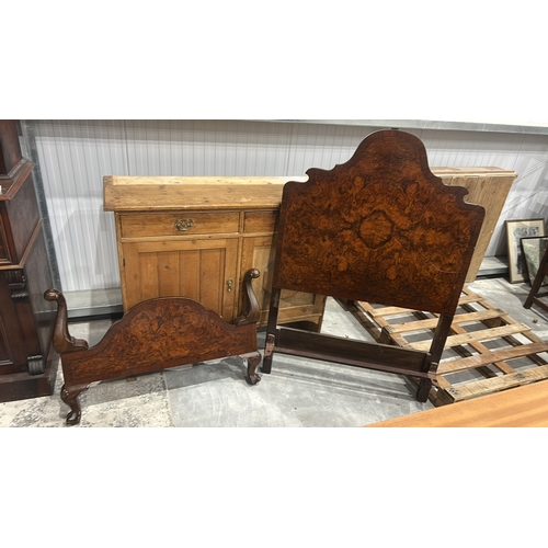176 - Victorian burr walnut single bedstead, shaped arched headboard and footboard with scroll arms, inset... 