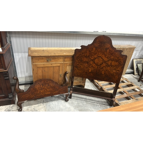 176 - Victorian burr walnut single bedstead, shaped arched headboard and footboard with scroll arms, inset... 