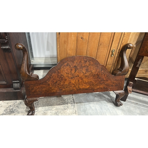 176 - Victorian burr walnut single bedstead, shaped arched headboard and footboard with scroll arms, inset... 
