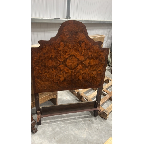 176 - Victorian burr walnut single bedstead, shaped arched headboard and footboard with scroll arms, inset... 