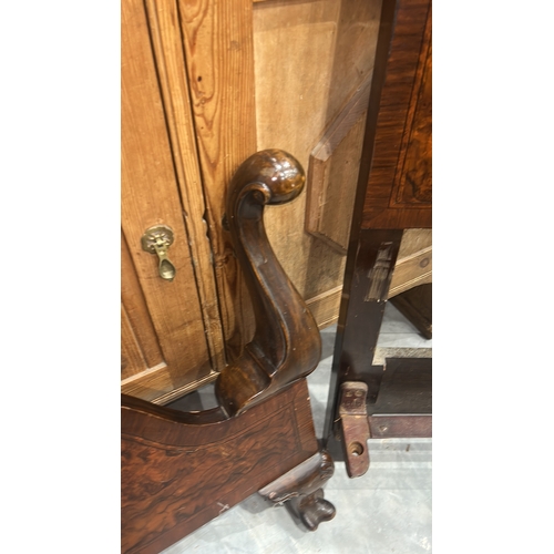 176 - Victorian burr walnut single bedstead, shaped arched headboard and footboard with scroll arms, inset... 