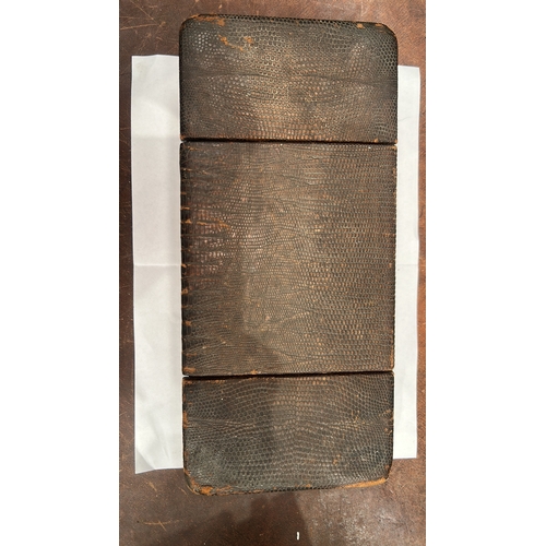179 - Rectangular wooden trinket box clad in lizard-pattern leather, three hinged lids opening to a partit... 