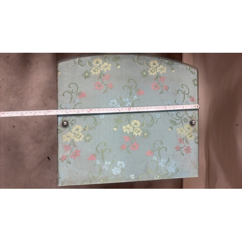 181 - Light blue painted wood and woven wicker bedside cabinet, floral fabric top beneath glass, rope edgi... 