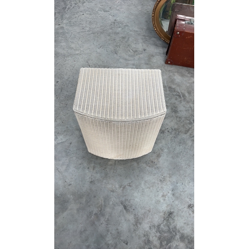 182 - Semi-circular light taupe synthetic wicker hamper with hinged lid and interior plaque reading “Brown... 