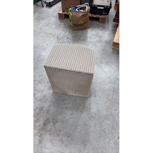 182 - Semi-circular light taupe synthetic wicker hamper with hinged lid and interior plaque reading “Brown... 