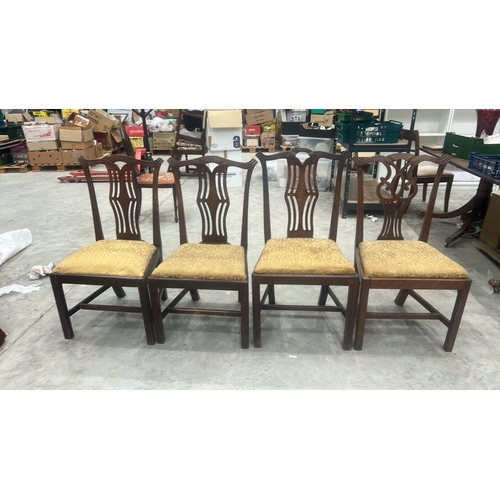 195 - 4 mahogany Hepplewhite-style dining chairs, each with pierced vasiform splat and stuffover damask se... 