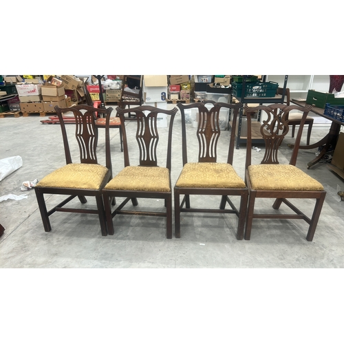 195 - 4 mahogany Hepplewhite-style dining chairs, each with pierced vasiform splat and stuffover damask se... 