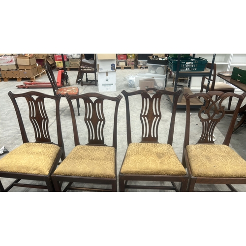195 - 4 mahogany Hepplewhite-style dining chairs, each with pierced vasiform splat and stuffover damask se... 