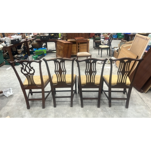 195 - 4 mahogany Hepplewhite-style dining chairs, each with pierced vasiform splat and stuffover damask se... 