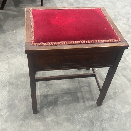 196 - Edwardian mahogany hinged-top music stool, red velvet upholstered seat lifting to a box compartment,... 