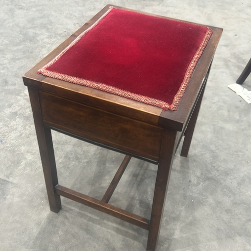 196 - Edwardian mahogany hinged-top music stool, red velvet upholstered seat lifting to a box compartment,... 