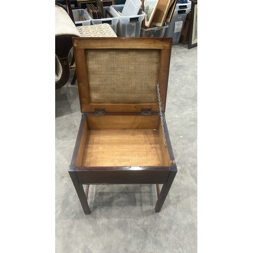 196 - Edwardian mahogany hinged-top music stool, red velvet upholstered seat lifting to a box compartment,... 