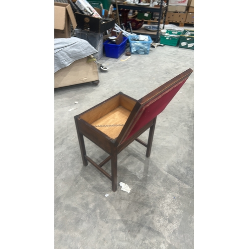196 - Edwardian mahogany hinged-top music stool, red velvet upholstered seat lifting to a box compartment,... 