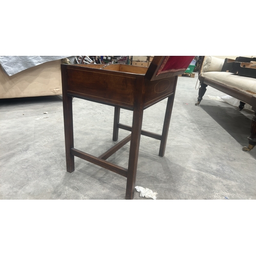 196 - Edwardian mahogany hinged-top music stool, red velvet upholstered seat lifting to a box compartment,... 