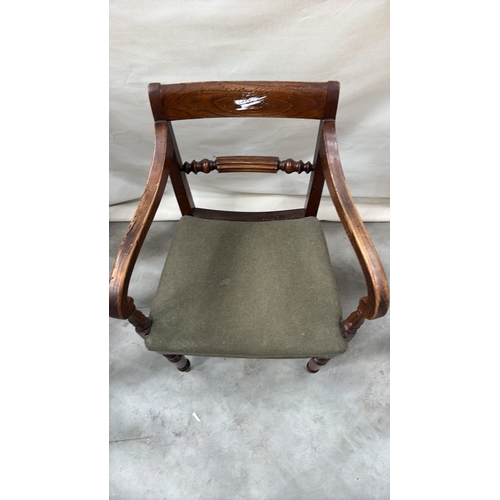 202 - Victorian mahogany open armchair with scroll arms, turned spindle back rail, upholstered seat and re... 